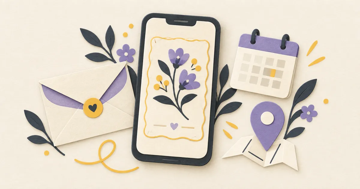 Çiçekli davetiye gösteren telefon, zarf, takvim ve konum işareti